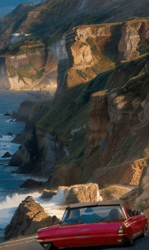 A vintage red convertible driving along a winding coastal road at sunset, with the ocean waves crashing against rugged cliffs and seagulls soaring in the sky