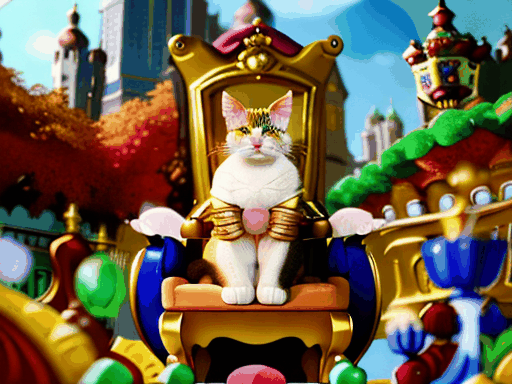 Create a whimsical video depicting a cat in a regal outfit sitting on a throne, overseeing a bustling city of various animals in harmony, with scenes of the cat making important decisions, accompanied by playful music and vibrant colors.
