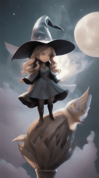 A witch flying on a broom in the night with a full moon
