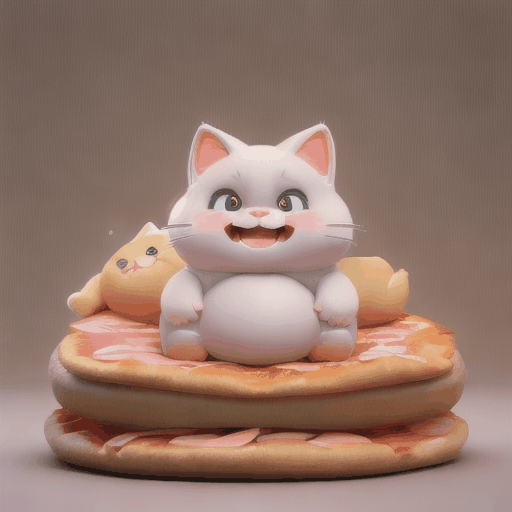 Imagine a chubby, cartoonish cat with a round belly and fluffy fur, sitting comfortably with a half-eaten slice of pizza in its paw. The cat's eyes are wide with delight, and a playful grin stretches across its face as it prepares to take another big bite. The cheese from the pizza is stringy, stretching from the slice to the cat's mouth, adding to the whimsical and humorous scene. The background is vibrant and colorful, filled with playful details that bring the entire scene to life.