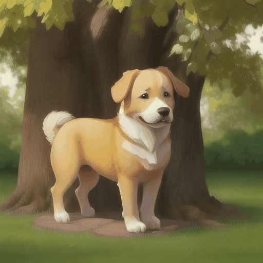 Draw a realistic scene featuring a dog standing under a tree. The dog is a yellow Labrador with smooth fur, bright eyes, and floppy ears. It stands naturally, slightly tilting its head to one side as if paying attention to something. The tree is a large oak with a thick, rough bark trunk and lush, green leaves providing ample shade. Sunlight filters through the leaves, creating dappled light and shadow patterns on the ground. The ground beneath the tree is covered with green grass and a few fallen leaves. The surrounding background is a peaceful forest or park, evoking a sense of tranquility and harmony with nature.