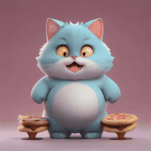 Imagine a chubby, cartoonish cat with a round belly and fluffy fur, standing on its hind legs while holding a half-eaten slice of pizza in its paw.