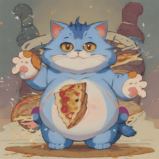 Imagine a chubby, cartoonish cat with a round belly and fluffy fur, standing on its hind legs while holding a half-eaten slice of pizza in its paw. The cat's eyes are wide with delight, and a playful grin stretches across