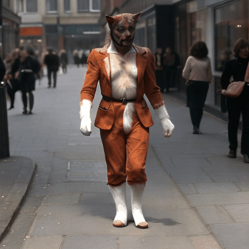 a man dressed as a cat walking down a UK 1970's high street