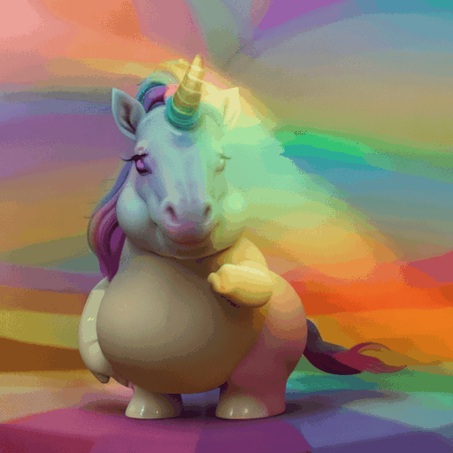 A whimsical video featuring a fat unicorn vomiting rainbows against a vibrant background, avoiding any violent or graphic content.