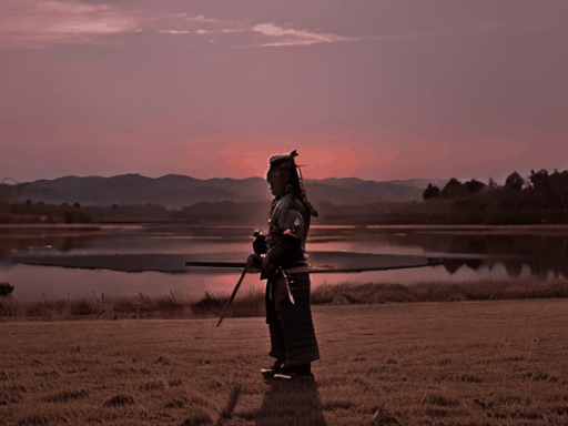 A lone samurai warrior standing in an expansive, serene field at dusk. The warrior is dressed in traditional dark armor, skillfully wielding a katana and delicately slicing through a beautifully presented piece of sushi. The scene emphasizes the contrast between the fierce warrior spirit and the delicate art of sushi-making. Soft, ambient soundscapes of nature enhance the tranquil yet intense atmosphere.