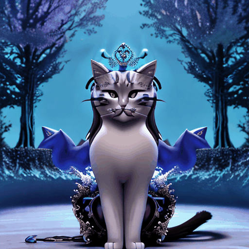 An animated depiction of a majestic cat as the ruler of a fantasy world filled with magical beings.