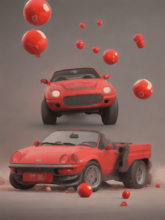 a car is crashing in lots of red balls.