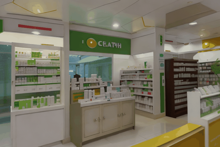 Imagine a pharmacy shop that looks long from door and many  couple purchasing product of cetaphil at counter
 Also create a logo of pharmacy that name is WELLNESS PHARMACY JAIPUR