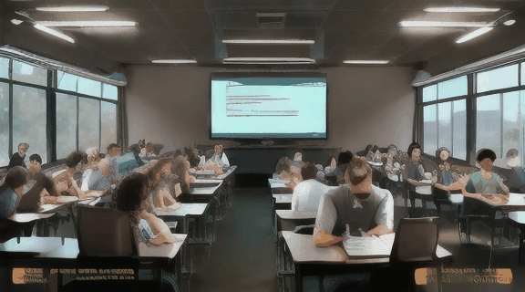 a split screen showing an online coding course on one side and a group of people learning to code together in a classroom setting on the other
