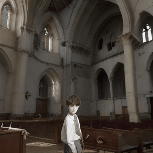 A boy age 16 near a broken church with his sheeps. The roof of church is broken. A tree in the church