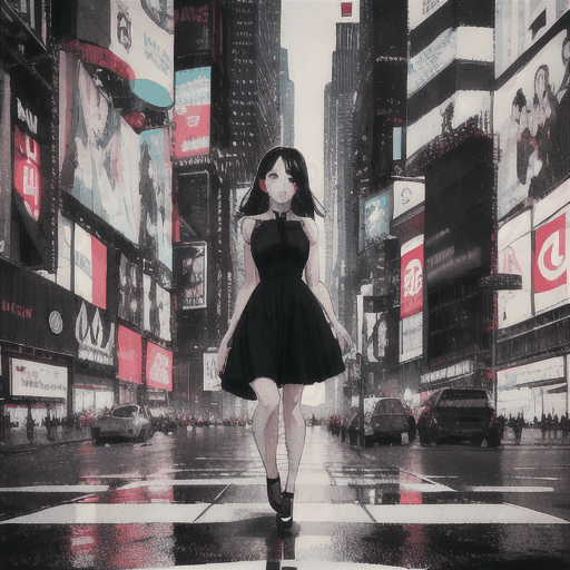 a girl walking on times square wearing black dress red shoes and expensive bag