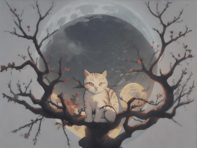 cat under Apple tree on the moon