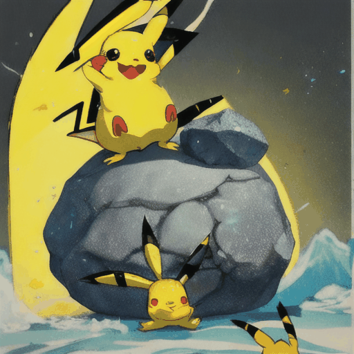 Pikachu launching boulder at crab