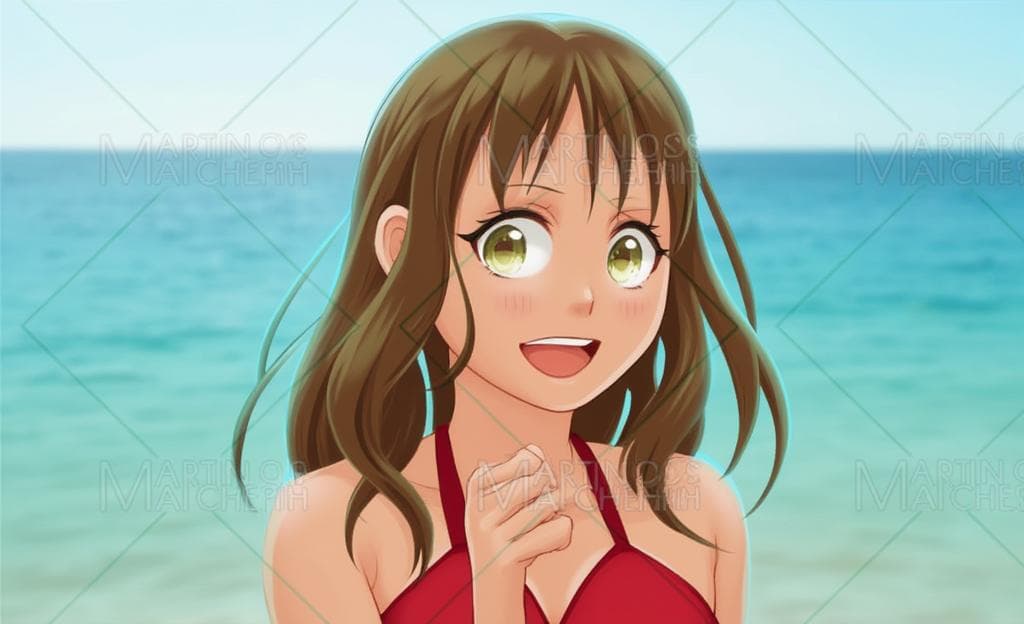 a girl, wearing red bikini, looking at camera, ocean in background