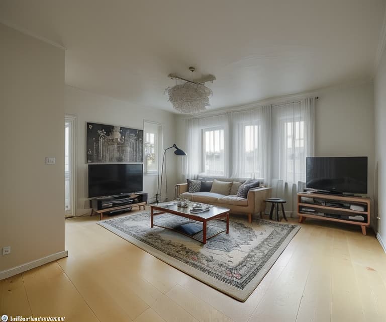  ((scandinavian)) style (((living))) room, , , , the living room has a counter at the far left and three chairs in front of the counter, sofa, coffee table, sophisticated table with stylish vase and lilies, armchair, frame with painting, geometric design rug, tv, tv shelf, light blue curtains,