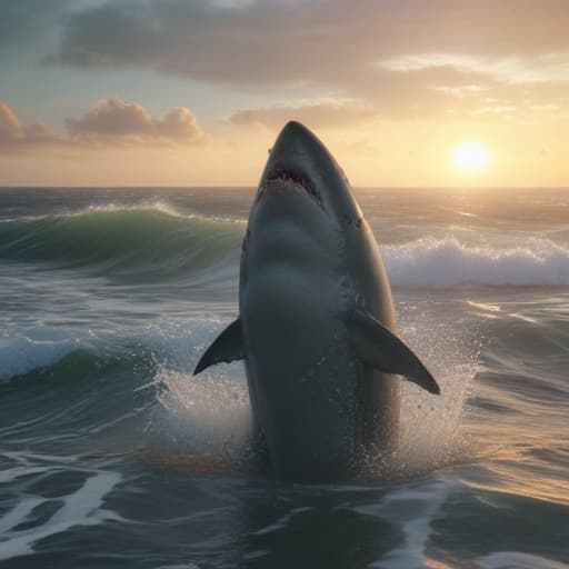 shark on the sea, the sun is shining and big waves in the background, a realistic photo in the style of unreal engine 5 hyperrealistic, full body, detailed clothing, highly detailed, cinematic lighting, stunningly beautiful, intricate, sharp focus, f/1. 8, 85mm, (centered image composition), (professionally color graded), ((bright soft diffused light)), volumetric fog, trending on instagram, trending on tumblr, HDR 4K, 8K