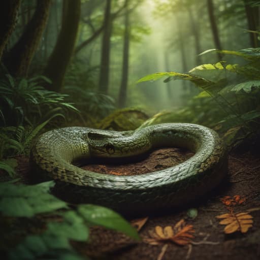 In the depths of a lush green forest, a massive snake slithers gracefully through the tangled undergrowth. Its scales shimmer with an earthy brown hue, blending seamlessly with the forest floor. Its eyes, glowing a fierce amber, convey a sense of ancient wisdom and power. The creature's serpentine body twists and turns, creating a mesmerizing dance of movement. Sunlight filters through the canopy, casting dappled shadows on the forest floor. The air is thick with the scent of damp earth and fresh foliage. The snake's presence exudes a sense of primal energy, connecting it to the very essence of the earth itself. fantastical creatures or characters inspired by mythology, folklore, or popular culture. use vibrant colors, sharp lines, intricat