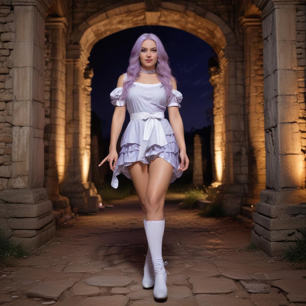 A highly detailed tall mature young princess with extremely long lavender hair styled in a layered waterfall hair style and tied with a white long ribbon, with high cheekbones and a detailed elegant and stunning face, emphasizing her giant breasts and long legs, wearing a circlet that is silver with a single lavender gem in it. and blue eyes, wearing a white tunic with lavender accents covered by a lavender sash, with White thigh-high socks and white ankle boots with a feminine heel, standing in a dark evil square in ancient ruins smiling, fighting pose, Full body long shot picture at night