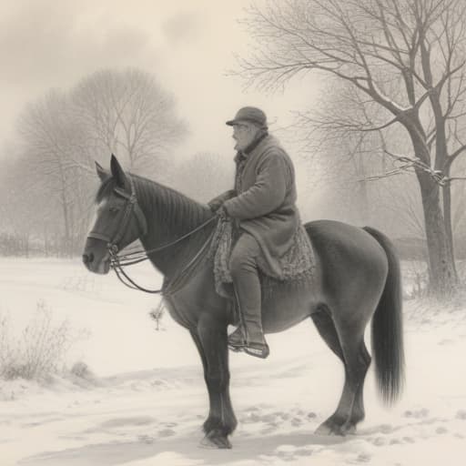 Pencil sketch of an winter lanscape with an old man on his horse