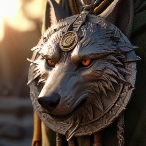 Show me a medallion of an wolf's head with a sun in the background and runes alongside the sun and the wolf has an eyepatch. The whole is round like a medal. Make the picture symmetrical hyperrealistic, full body, detailed clothing, highly detailed, cinematic lighting, stunningly beautiful, intricate, sharp focus, f/1. 8, 85mm, (centered image composition), (professionally color graded), ((bright soft diffused light)), volumetric fog, trending on instagram, trending on tumblr, HDR 4K, 8K