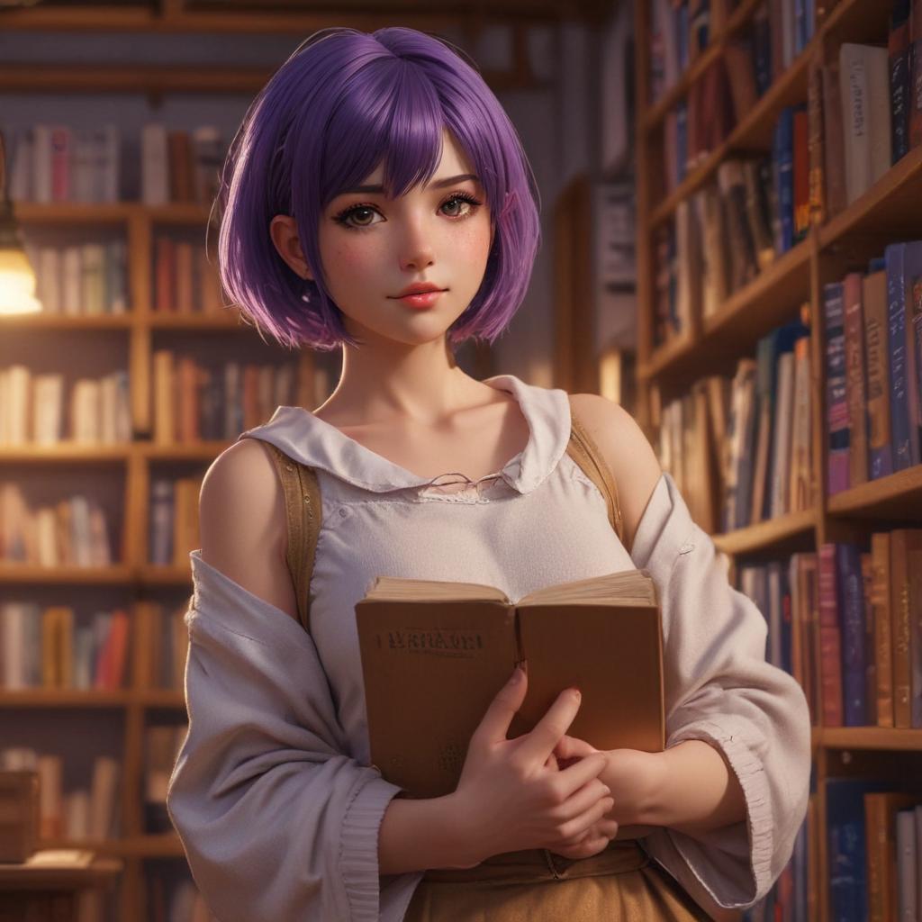 ((masterpiece)),(((best quality))), 8k, high detailed, ultra detailed, a lovely anime girl, ((short purple hair)), holding a book, (in a cozy library), (shelves filled with books around her), warm golden lighting, a soft smile on her face, an inviting atmosphere hyperrealistic, full body, detailed clothing, highly detailed, cinematic lighting, stunningly beautiful, intricate, sharp focus, f/1. 8, 85mm, (centered image composition), (professionally color graded), ((bright soft diffused light)), volumetric fog, trending on instagram, trending on tumblr, HDR 4K, 8K