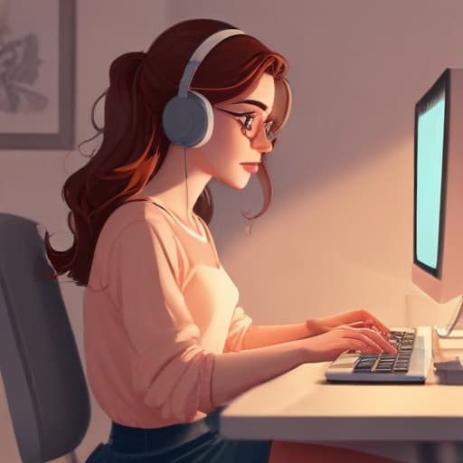 Woman typing on computer, aesthetic, cartoon