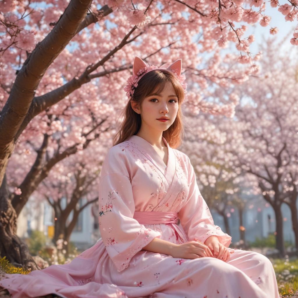 ((masterpiece)),(((best quality))), 8k, high detailed, ultra detailed, a girl with cat ears, ((adorable outfit)), sitting under a (cherry blossom tree), gentle breeze, (soft pink petals falling), (sunshine filtering through branches), vibrant colors, whimsical atmosphere hyperrealistic, full body, detailed clothing, highly detailed, cinematic lighting, stunningly beautiful, intricate, sharp focus, f/1. 8, 85mm, (centered image composition), (professionally color graded), ((bright soft diffused light)), volumetric fog, trending on instagram, trending on tumblr, HDR 4K, 8K