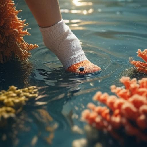 Knitting socks, a fewelfish is in the water, yarn in ground, corals left an right, sun shines through the water hyperrealistic, full body, detailed clothing, highly detailed, cinematic lighting, stunningly beautiful, intricate, sharp focus, f/1. 8, 85mm, (centered image composition), (professionally color graded), ((bright soft diffused light)), volumetric fog, trending on instagram, trending on tumblr, HDR 4K, 8K