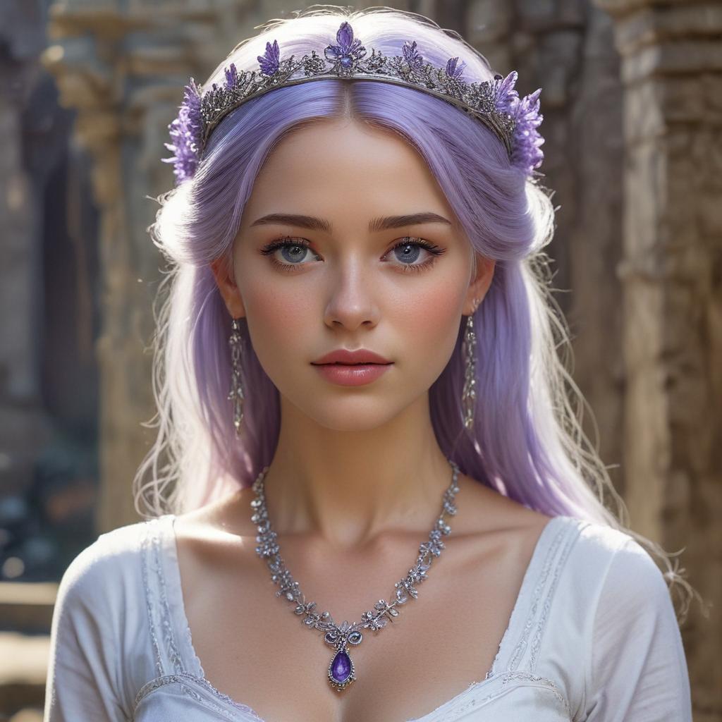 A highly detailed and mature princess standing tall in the center of an ancient, dark square within the ruins of a once-magnificent civilization. Her long, lavender colored hair cascades in a layered waterfall style, tied back with a pristine white ribbon that accentuates the elegance of her highly detailed face, which boasts high cheekbones and a shy smile. Her detailed piercing blue eyes sparkle with the confidence of a warrior, despite her delicate and feminine demeanor. A silver circlet adorned with a solitary lavender gem graces her forehead, hinting at her royal lineage. The princess is dressed in a form-fitting white tunic with lavender accents, which complements her ample figure, particularly emphasizing her enormous breasts. A lave