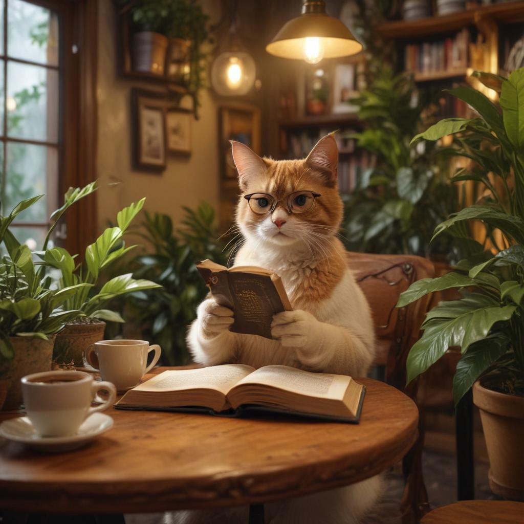 ((masterpiece)),(((best quality))), 8k, high detailed, ultra detailed, a cat eared girl reading a book in a cozy café, ((big round glasses)), surrounded by potted plants, (wooden furniture), soft golden lighting, (steam rising from a coffee cup), colorful book covers hyperrealistic, full body, detailed clothing, highly detailed, cinematic lighting, stunningly beautiful, intricate, sharp focus, f/1. 8, 85mm, (centered image composition), (professionally color graded), ((bright soft diffused light)), volumetric fog, trending on instagram, trending on tumblr, HDR 4K, 8K