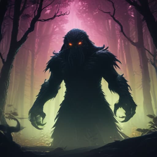 In the dimly lit forest, a mysterious figure emerges from the shadows. Cloaked in darkness, the O monster stands tall and imposing, its eyes glowing with an eerie light. As it raises its hands, a powerful barrier forms around it, reflecting any damage or effects back to its opponent. The air crackles with forbidden magic, preventing any interference from either player. The O monster's presence instills fear and awe, a force to be reckoned with in the digital realm. fantastical creatures or characters inspired by mythology, folklore, or popular culture. use vibrant colors, sharp lines, intricate details, dynamic poses, dramatic lighting, atmospheric backgrounds, and blend anime, manga, and Western comic influences.