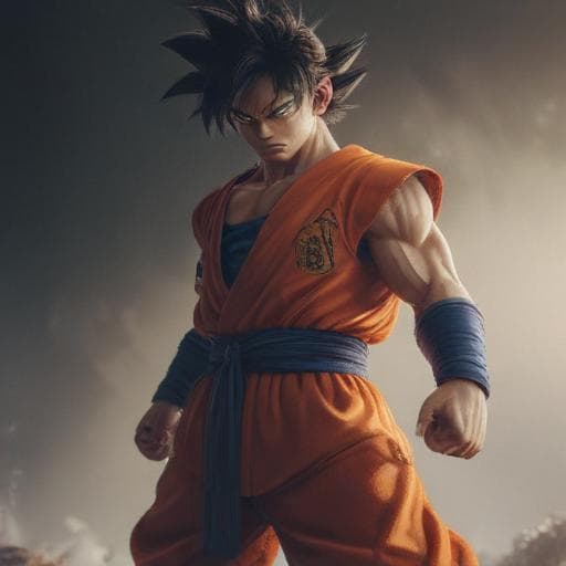 a goku hyperrealistic, full body, detailed clothing, highly detailed, cinematic lighting, stunningly beautiful, intricate, sharp focus, f/1. 8, 85mm, (centered image composition), (professionally color graded), ((bright soft diffused light)), volumetric fog, trending on instagram, trending on tumblr, HDR 4K, 8K