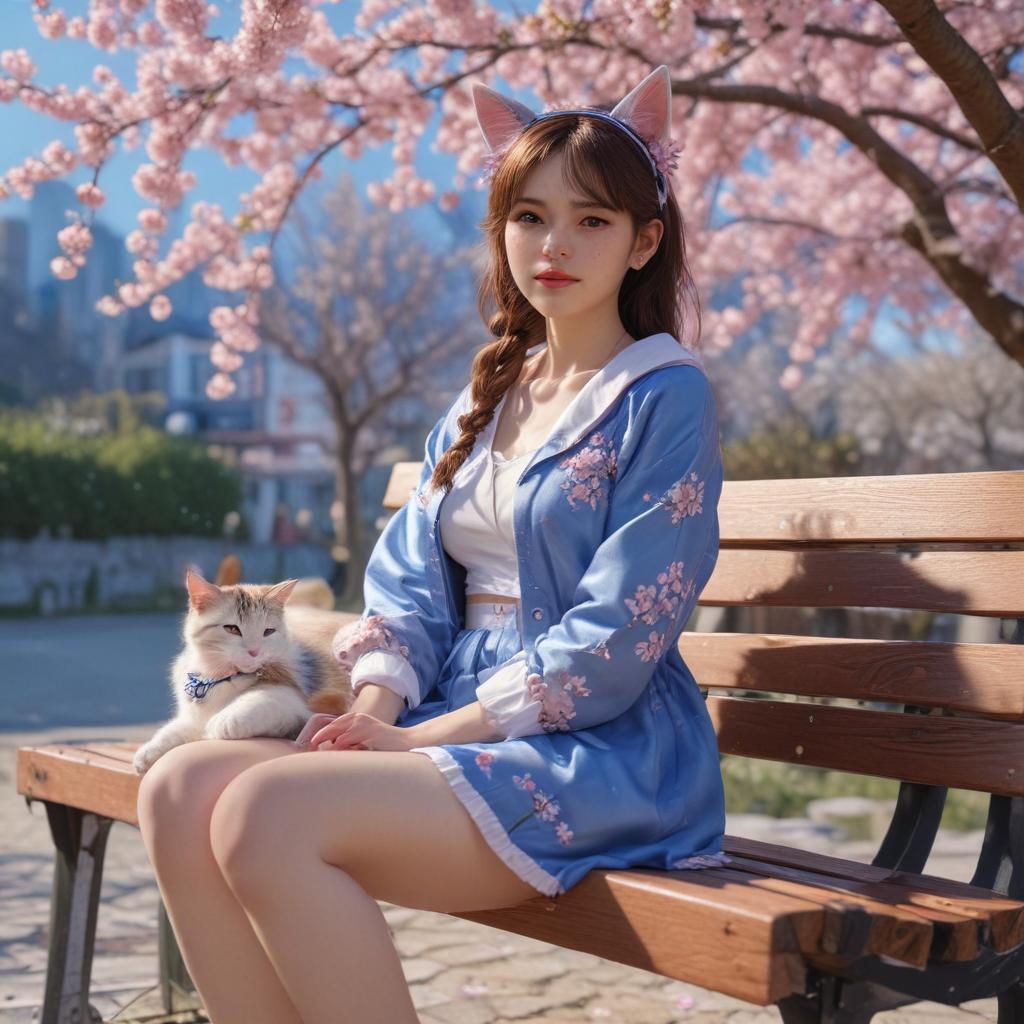 ((masterpiece)),(((best quality))), 8k, high detailed, ultra detailed, a girl with anime cat ears, ((stylish outfit)), resting on a bench, (cherry blossom tree in bloom), bright blue sky, (soft shadows), (warm sunlight), serene and dreamy environment hyperrealistic, full body, detailed clothing, highly detailed, cinematic lighting, stunningly beautiful, intricate, sharp focus, f/1. 8, 85mm, (centered image composition), (professionally color graded), ((bright soft diffused light)), volumetric fog, trending on instagram, trending on tumblr, HDR 4K, 8K