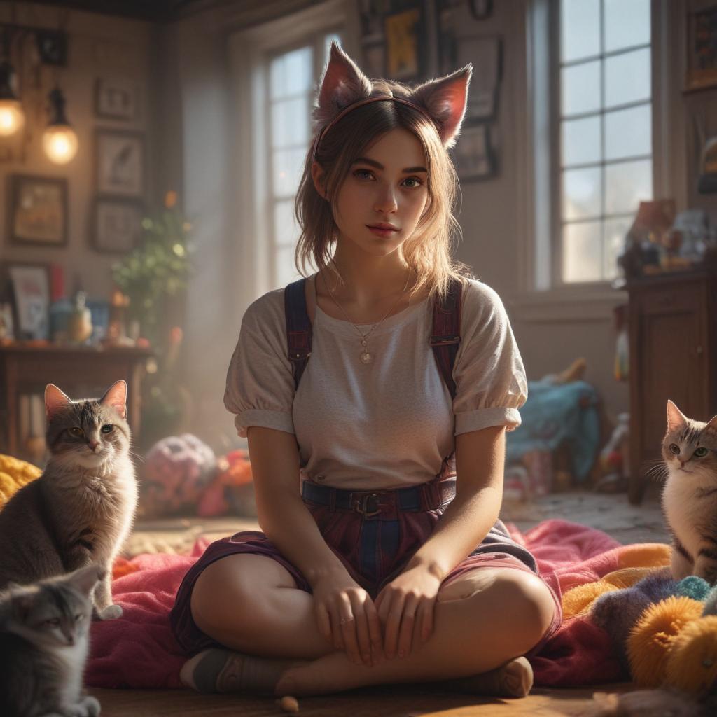 ((masterpiece)),(((best quality))), 8k, high detailed, ultra detailed, a girl with cat ears, ((charming expression)), dressed in a playful costume, (relaxing in a comfortable space), filled with (colorful toys and playful kittens), warm sunlight, cozy ambiance. hyperrealistic, full body, detailed clothing, highly detailed, cinematic lighting, stunningly beautiful, intricate, sharp focus, f/1. 8, 85mm, (centered image composition), (professionally color graded), ((bright soft diffused light)), volumetric fog, trending on instagram, trending on tumblr, HDR 4K, 8K