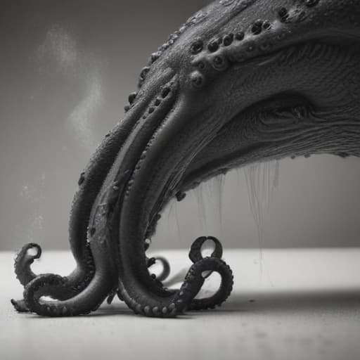 a black and white octopus being eaten by a sperm whale hyperrealistic, full body, detailed clothing, highly detailed, cinematic lighting, stunningly beautiful, intricate, sharp focus, f/1. 8, 85mm, (centered image composition), (professionally color graded), ((bright soft diffused light)), volumetric fog, trending on instagram, trending on tumblr, HDR 4K, 8K