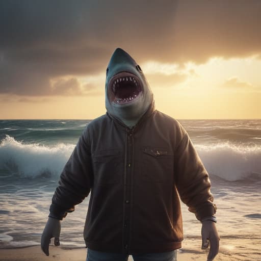 shark on the sea, the sun is shining and big waves in the background, a realistic photo in the style of unreal engine 5 hyperrealistic, full body, detailed clothing, highly detailed, cinematic lighting, stunningly beautiful, intricate, sharp focus, f/1. 8, 85mm, (centered image composition), (professionally color graded), ((bright soft diffused light)), volumetric fog, trending on instagram, trending on tumblr, HDR 4K, 8K