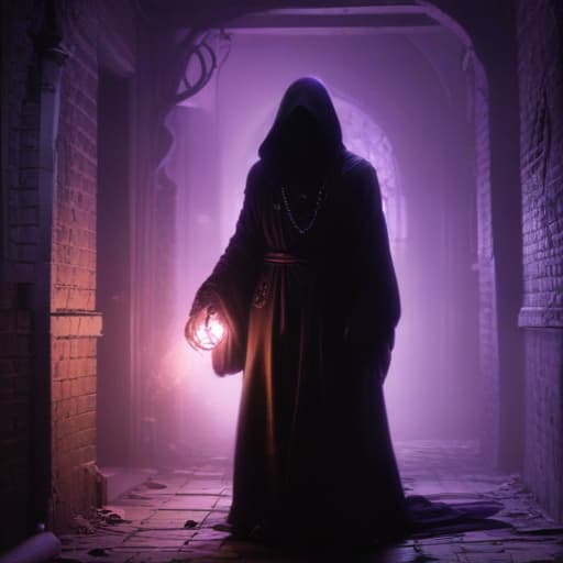 In a dark and ominous alleyway, a mysterious figure emerges from the shadows. Clad in dark, tattered robes, they hold a chain in one hand and a glowing, ethereal orb in the other. The chain seems to twist and writhe of its own accord, as if alive with dark energy. The figure's eyes gleam with power and determination as they prepare to unleash their Chainfluence on their unsuspecting opponent. The scene is bathed in a haunting purple light, casting eerie shadows on the walls around them. The air crackles with supernatural energy, hinting at the destructive power that is about to be unleashed. fantastical creatures or characters inspired by mythology, folklore, or popular culture. use vibrant colors, sharp lines, intricate details, dynamic po