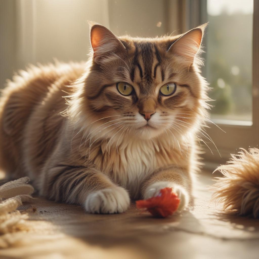 ((masterpiece)),(((best quality))), 8k, high detailed, ultra detailed, a cute cat playing with a feather toy, ((fluffy fur)), expression, (colorful toy stick), (sunlight streaming in), vint colors, soft shadows hyperrealistic, full body, detailed clothing, highly detailed, cinematic lighting, stunningly beautiful, intricate, sharp focus, f/1. 8, 85mm, (centered image composition), (professionally color graded), ((bright soft diffused light)), volumetric fog, trending on instagram, trending on tumblr, HDR 4K, 8K