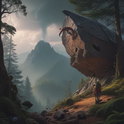 In a serene forest clearing, towering trees loom in the background as a massive boulder hurtles down a steep mountain slope, causing chaos and destruction in its wake. The ground beneath cracks and splits, sending rocks and debris flying through the air. The sky darkens with storm clouds, crackling with lightning. A lone figure stands in the foreground, their expression a mix of awe and terror. The scene is captured in stunning detail, with vibrant colors and dynamic movement, resembling a digital painting by Akina Fujiwara. fantastical creatures or characters inspired by mythology, folklore, or popular culture. use vibrant colors, sharp lines, intricate details, dynamic poses, dramatic lighting, atmospheric backgrounds, and blend anime, ma