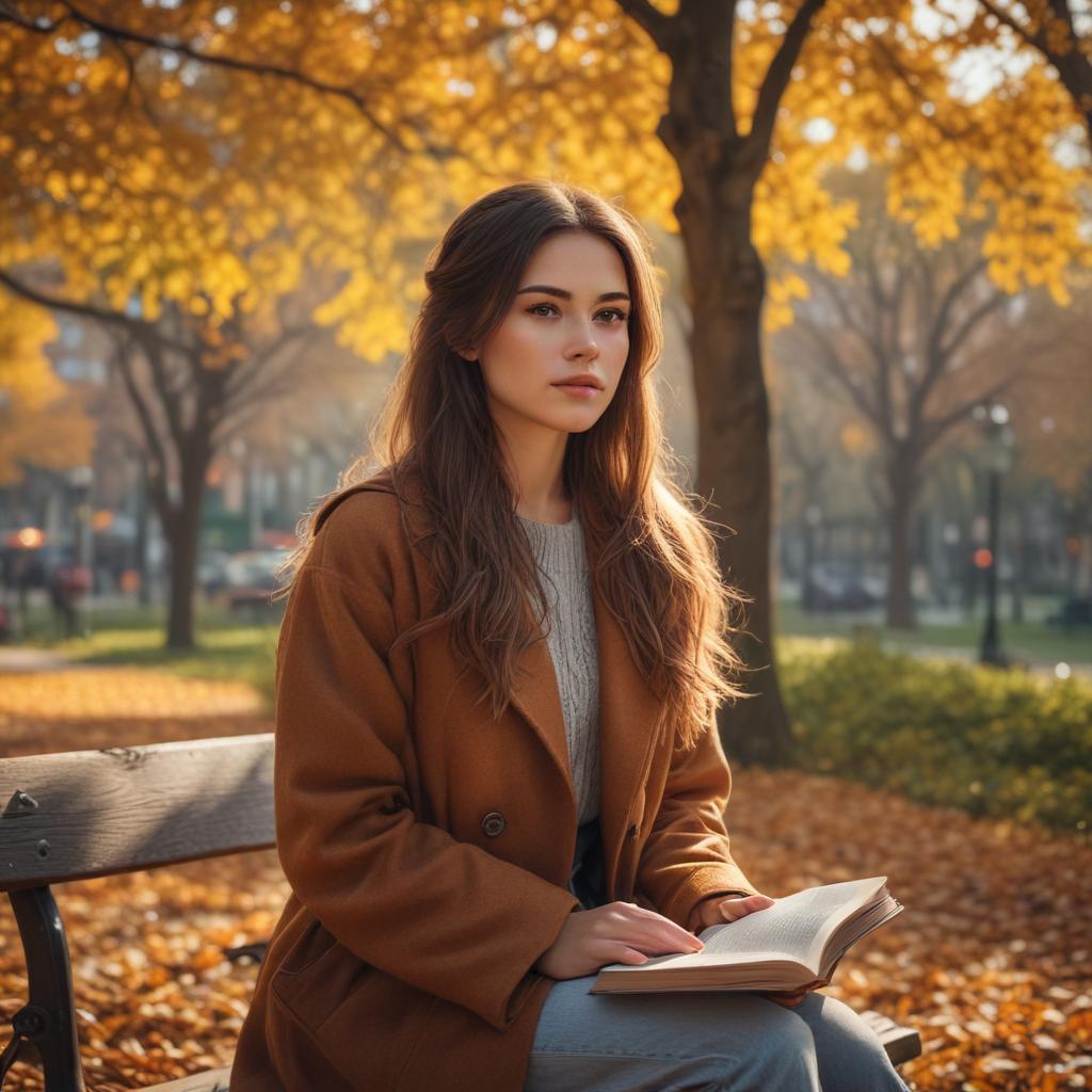 ((masterpiece)),(((best quality))), 8k, high detailed, ultra detailed, a girl sitting on a park bench, ((long brown hair)), looking pensive, (colorful autumn leaves surrounding her), soft golden sunlight filtering through branches, (a book resting in her lap), distant trees blurring in the background hyperrealistic, full body, detailed clothing, highly detailed, cinematic lighting, stunningly beautiful, intricate, sharp focus, f/1. 8, 85mm, (centered image composition), (professionally color graded), ((bright soft diffused light)), volumetric fog, trending on instagram, trending on tumblr, HDR 4K, 8K