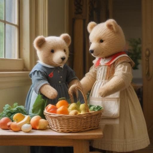 Teddy bears shopping for groceries in the Berthe Morisot style