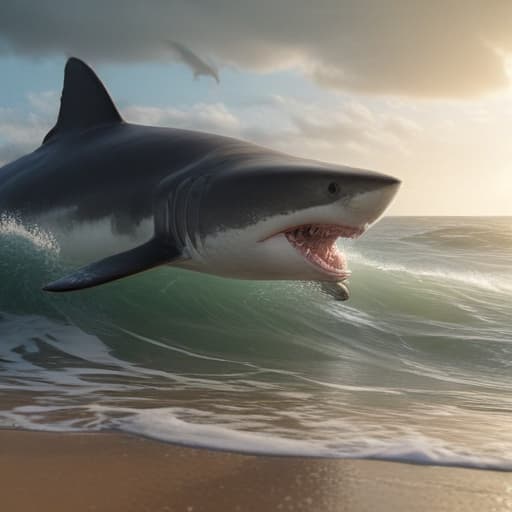 shark on the sea, the sun is shining and big waves in the background, a realistic photo in the style of unreal engine 5 hyperrealistic, full body, detailed clothing, highly detailed, cinematic lighting, stunningly beautiful, intricate, sharp focus, f/1. 8, 85mm, (centered image composition), (professionally color graded), ((bright soft diffused light)), volumetric fog, trending on instagram, trending on tumblr, HDR 4K, 8K