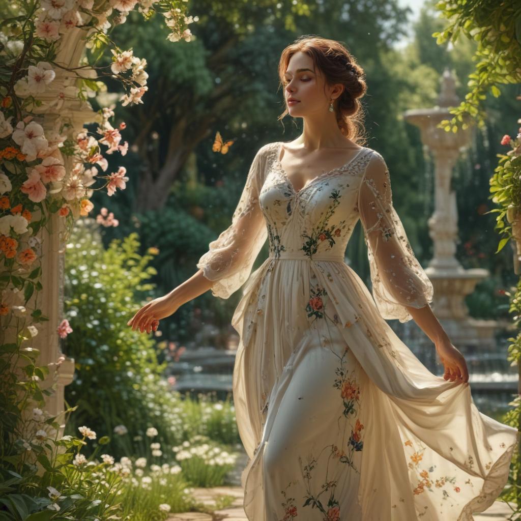 ((masterpiece)),(((best quality))), 8k, high detailed, ultra detailed, an elegant woman in a garden, ((flowing dress)), (flowers blooming all around), (a vintage fountain), (sunlight filtering through the trees), (a butterfly landing on her hand) hyperrealistic, full body, detailed clothing, highly detailed, cinematic lighting, stunningly beautiful, intricate, sharp focus, f/1. 8, 85mm, (centered image composition), (professionally color graded), ((bright soft diffused light)), volumetric fog, trending on instagram, trending on tumblr, HDR 4K, 8K