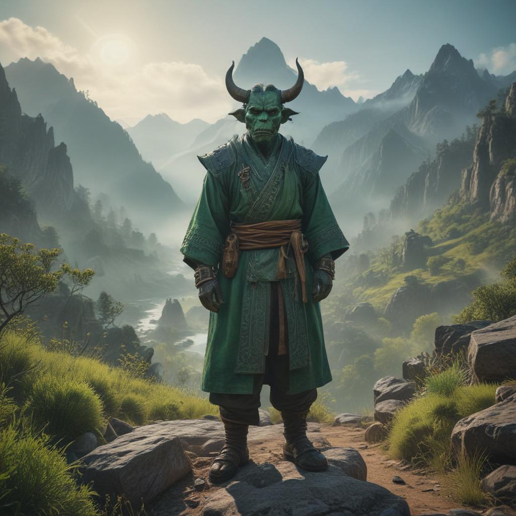 ((masterpiece)),(((best quality))), 8k, high detailed, ultra detailed, (a wise oni), ((green skin)), meditative pose, (ancient scrolls scattered around), (glowing talismans), (mountain landscape behind), soft twilight, mystical aura hyperrealistic, full body, detailed clothing, highly detailed, cinematic lighting, stunningly beautiful, intricate, sharp focus, f/1. 8, 85mm, (centered image composition), (professionally color graded), ((bright soft diffused light)), volumetric fog, trending on instagram, trending on tumblr, HDR 4K, 8K