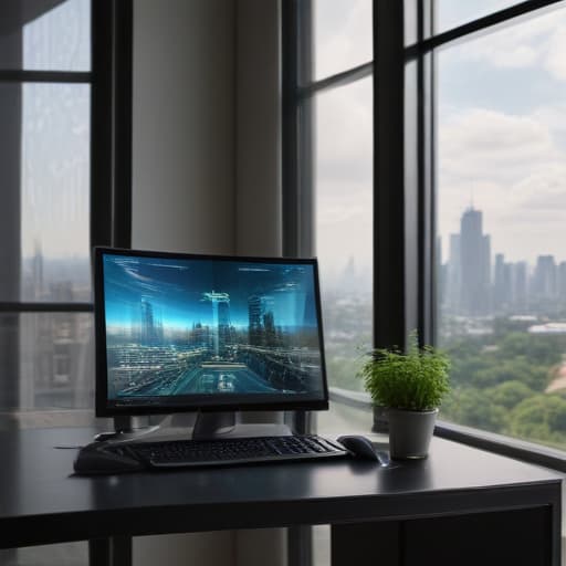 A sleek, modern workspace bathed in soft, ambient light showcases an array of high-tech gadgets and devices. In the foreground, a polished black desk holds a shimmering, futuristic laptop, its screen displaying a vibrant, abstract visualization of data streams that pulse like digital waves. Nearby, a crystal-clear glass globe reflects the soft glow of LED lights, symbolizing global connectivity and innovation. To one side, a minimalist shelf displays a collection of cutting-edge hardware—an intricately designed graphics card and a compact, powerful cloud server—each a testament to the relentless march of technology. In the background, a large window reveals a city skyline, where towering skyscrapers are interspersed with lush greenery