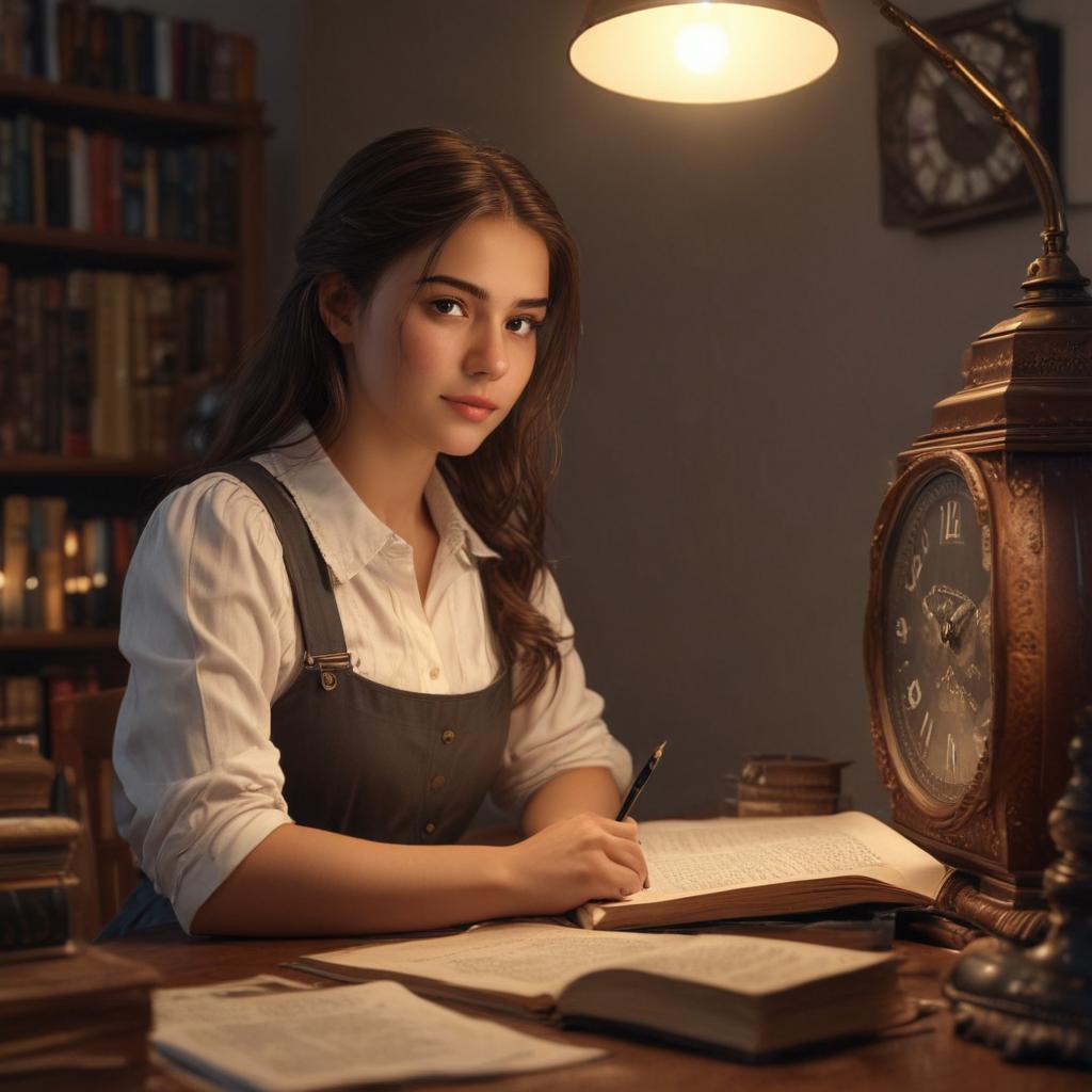 ((masterpiece)),(((best quality))), 8k, high detailed, ultra detailed, a girl sitting at a desk, ((focused expression)), (piles of books around her), (soft light from a lamp), (notes scattered on the desk), (a clock ticking in the background) hyperrealistic, full body, detailed clothing, highly detailed, cinematic lighting, stunningly beautiful, intricate, sharp focus, f/1. 8, 85mm, (centered image composition), (professionally color graded), ((bright soft diffused light)), volumetric fog, trending on instagram, trending on tumblr, HDR 4K, 8K