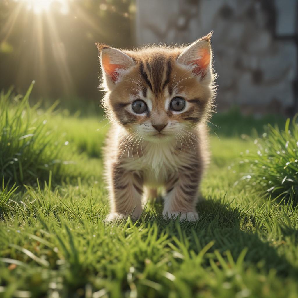 ((masterpiece)),(((best quality))), 8k, high detailed, ultra detailed, a playful kitten engaging with a cat teaser, ((striped fur)), excited posture, (green grass carpet), (sunlight casting playful shadows), bright colors, cheerful vibe hyperrealistic, full body, detailed clothing, highly detailed, cinematic lighting, stunningly beautiful, intricate, sharp focus, f/1. 8, 85mm, (centered image composition), (professionally color graded), ((bright soft diffused light)), volumetric fog, trending on instagram, trending on tumblr, HDR 4K, 8K