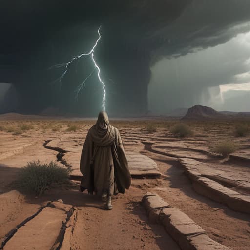 In the midst of a barren desert landscape, a colossal earthquake rips through the ground, causing the earth to split and crumble. Dust and debris fill the air as the ground cracks open, revealing layers of rock and soil. A lone figure, wearing a cloak made of earth and surrounded by swirling dust, stands at the epicenter of the disaster. The sky is dark and foreboding, with lightning flashing in the distance. The overall color scheme is muted browns and grays, with hints of green peeking through the cracks in the earth. The scene is chaotic yet strangely beautiful, capturing the power and destructive force of nature. fantastical creatures or characters inspired by mythology, folklore, or popular culture. use vibrant colors, sharp lines, int