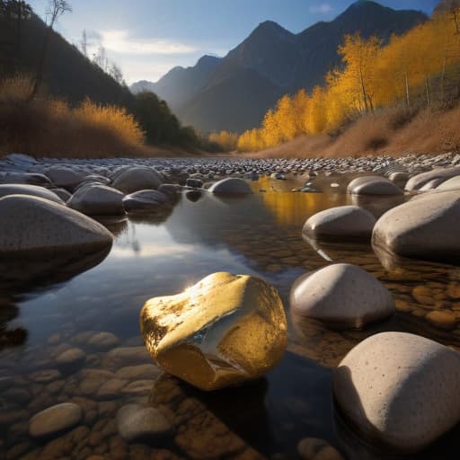 A shimmering gold nugget rests atop a bed of smooth, dark river stones, glistening under the warm glow of a late afternoon sun. Surrounding the nugget, delicate wisps of golden grass sway gently in a soft breeze, their tips catching the light like tiny flames. In the background, a rugged mountain range looms, its peaks dusted with snow, embodying both strength and stability. The scene is framed by a clear blue sky, where fluffy white clouds drift lazily, hinting at the promise of a bountiful harvest. Nearby, a crystal-clear stream flows, its waters reflecting the sun’s rays, creating a dance of light that symbolizes the dynamic interplay of nature's wealth. Each element harmonizes, evoking a sense of richness and potential, a testament to